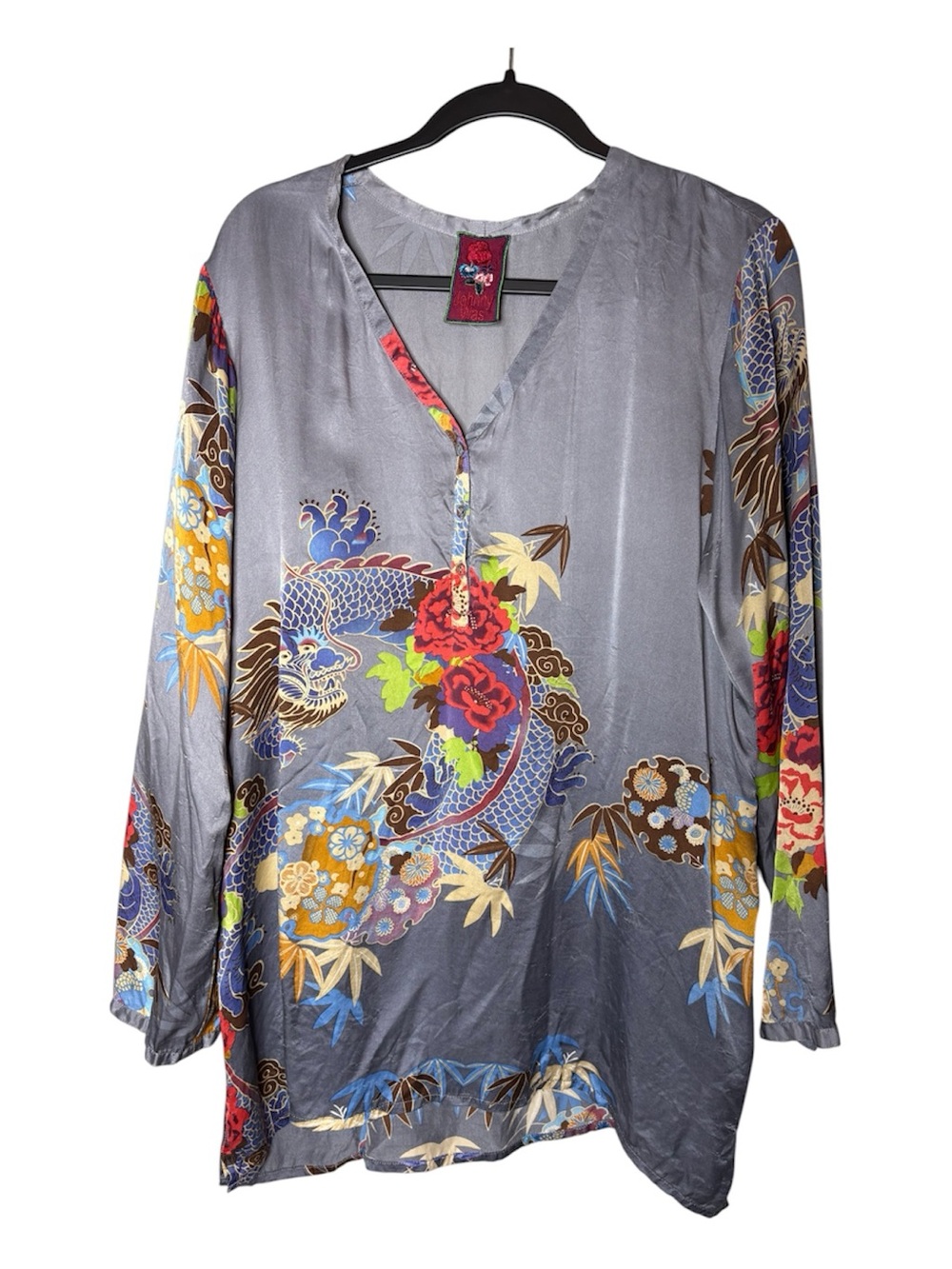 Johnny Was Silk Tunic Women’s XL Gray Floral Dragon Bohemian Asian Exotic Lux